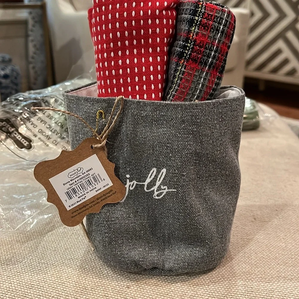 Mud Pie Gray Tartan Towel Bucket Set/NWT